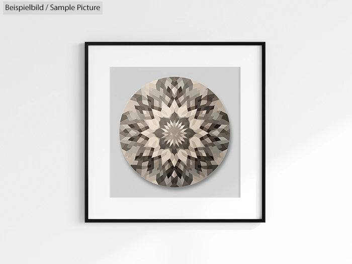 Framed geometric mandala art with brown, beige, and black patterns against a light wall.