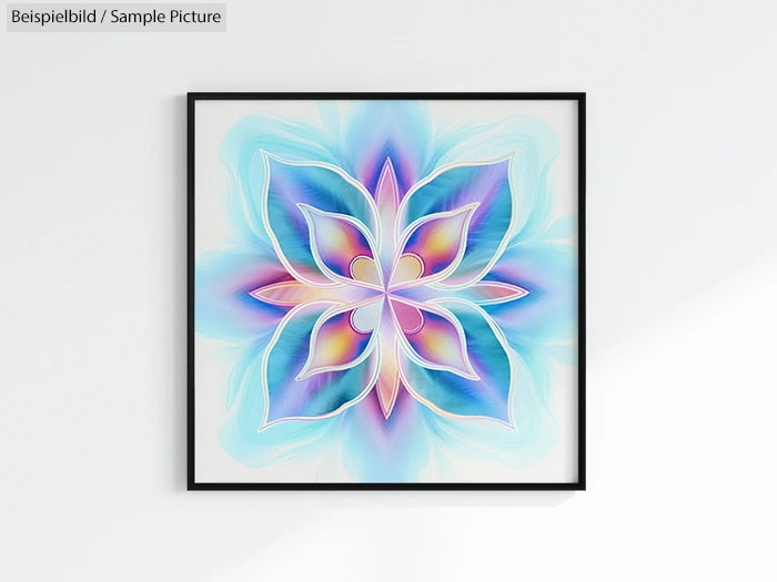 Framed mandala artwork with colorful petals and gradient blue, purple, and pink hues.