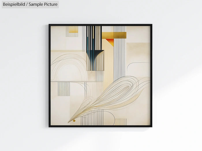 Framed abstract art with geometric lines and curves in neutral tones on a white wall.