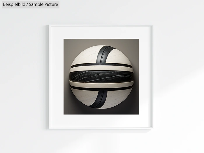 Framed abstract artwork featuring a spherical object with intersecting black and white bands.