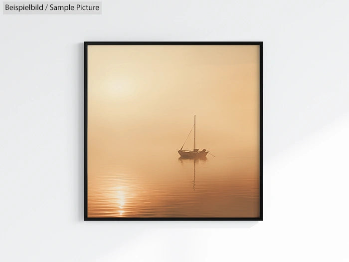 Framed photo of a boat on calm water during sunrise with a hazy sky.