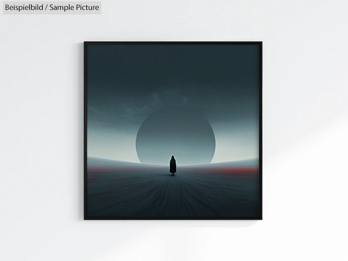 Minimalist artwork with a solitary figure on a surreal, vast landscape against a large circle and dark sky.