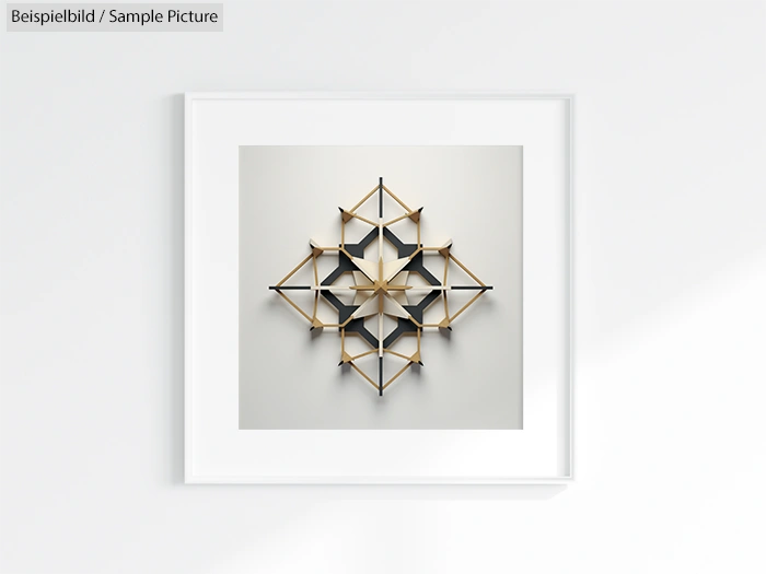 Geometric wooden artwork in a white frame on a light gray wall, featuring interlocking star patterns.