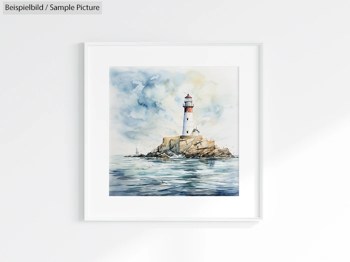 Watercolor painting of a lighthouse on a rocky island, surrounded by calm blue sea under a cloudy sky, in a white frame.