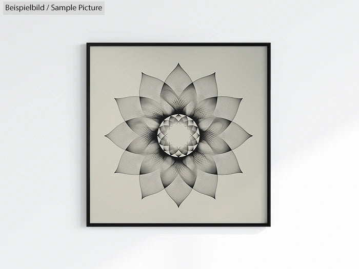 Framed minimalist grayscale mandala art with abstract geometric flower pattern.