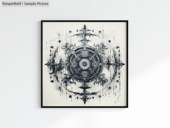 Intricate geometric mandala with symmetrical patterns in black and white, framed in a square black frame.