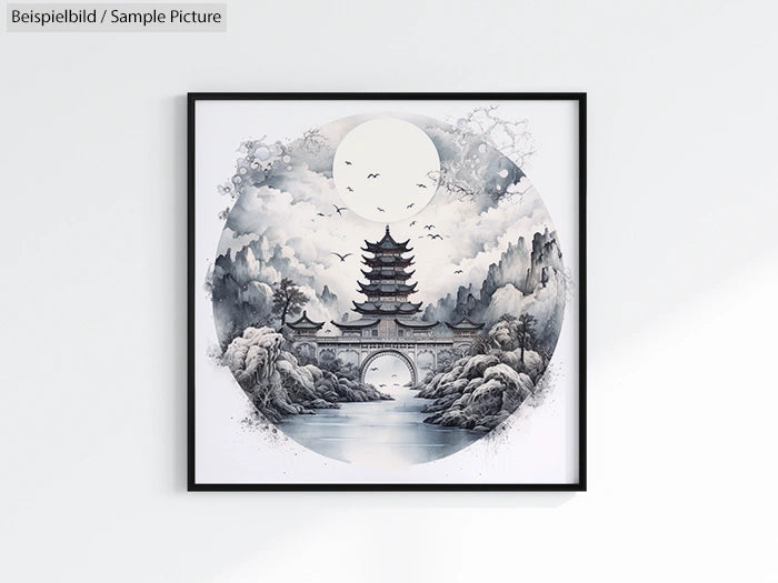 Framed artwork of a serene landscape with pagoda, mountains, and a full moon in grayscale tones.