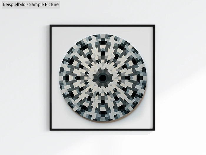 Geometric circular pattern in black, white, and gray in square frame on white background.