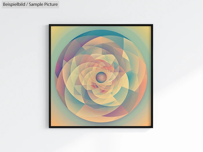 Abstract geometric art with pastel spiral patterns in a square black frame.