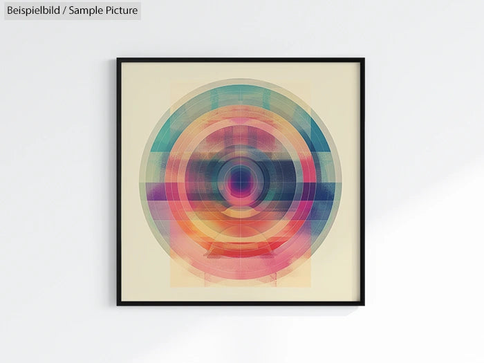 Framed abstract art with concentric circles in rainbow colors on a light wall.