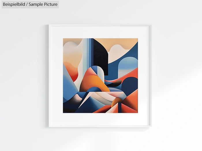 Abstract geometric artwork with blue, orange, and beige shapes in a framed picture on a white wall.