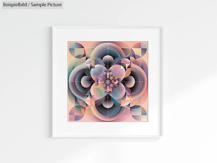 Geometric abstract artwork with pastel circular patterns in a white frame, displayed on a white wall.