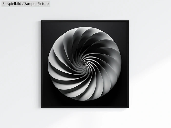 Monochromatic spiral sculpture with layered, swirling textures on a black square background.