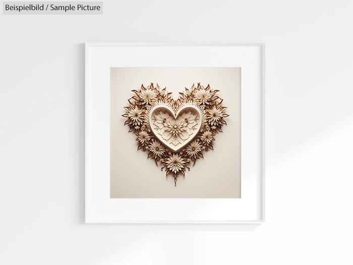 Framed heart-shaped ornate design with intricate floral patterns, displayed on a white wall.