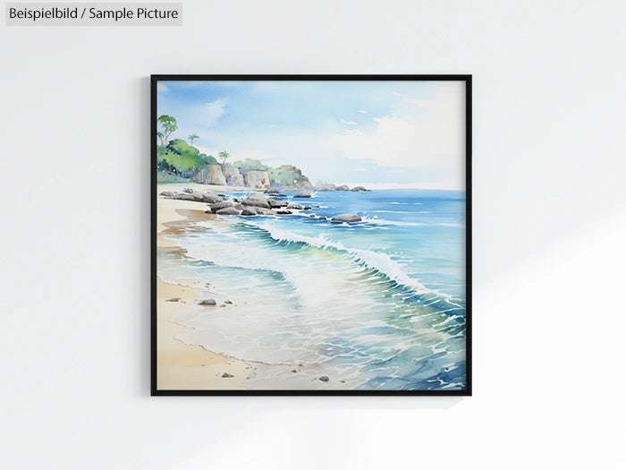 Framed watercolor painting of a serene beach with gentle waves and a rocky coastline under a blue sky.