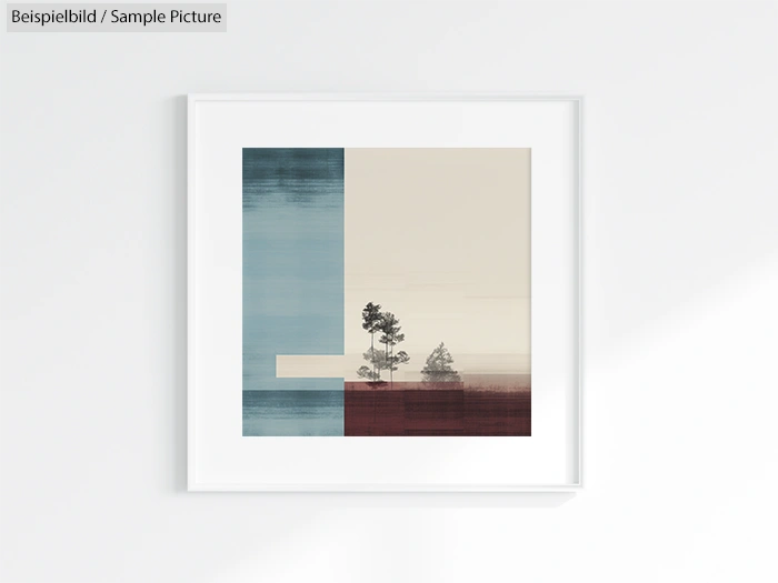 Framed abstract art with geometric shapes and trees, featuring blue, beige, and maroon colors.