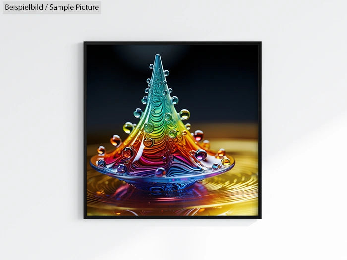 Colorful abstract sculpture with water droplets resembling a conical shape, framed and displayed against a neutral background.