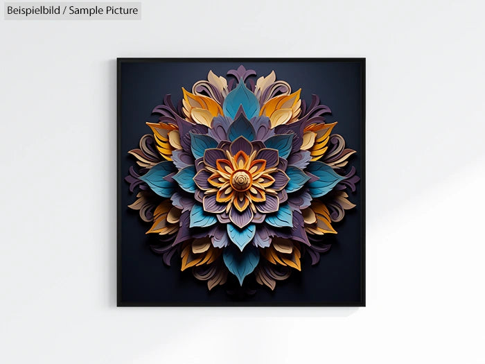 3D floral wall art with layered petals in blue, orange, and purple shades against a dark background.