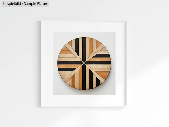 Geometric wooden artwork with triangular patterns in a white frame on a light wall.