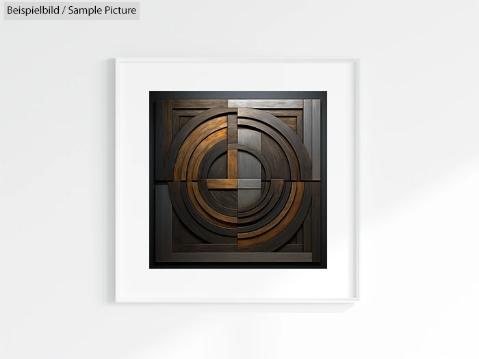 Abstract geometric wood carving with circular and rectangular patterns in a framed setting.