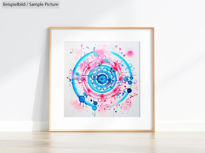 Framed abstract artwork with pink and blue circular patterns, hung on a white wall.