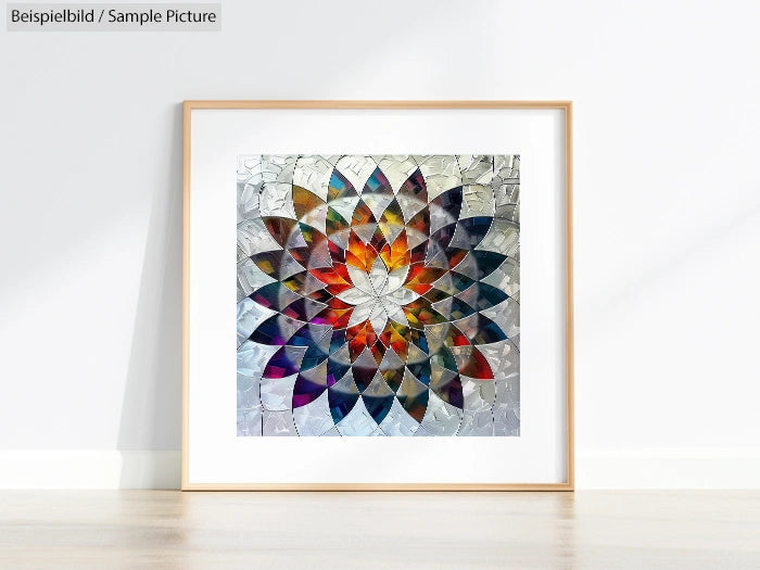 Framed geometric art print with vibrant colors and a floral pattern hanging on a white wall above a wooden floor.