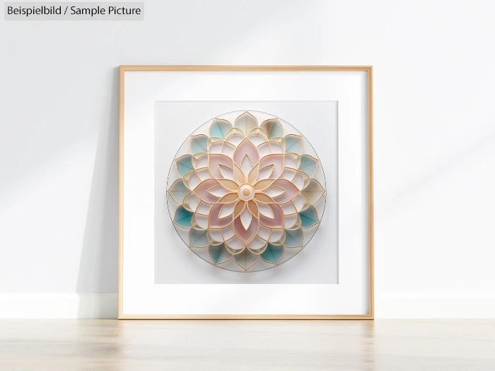 Framed mandala artwork with pastel colors in a sunlit room, leaning against a white wall.