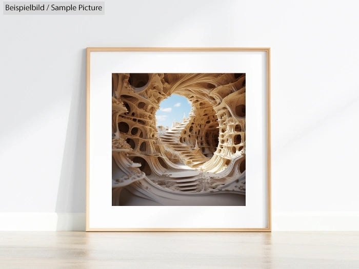 Framed abstract artwork with intricate, organic patterns and a central opening revealing a blue sky.