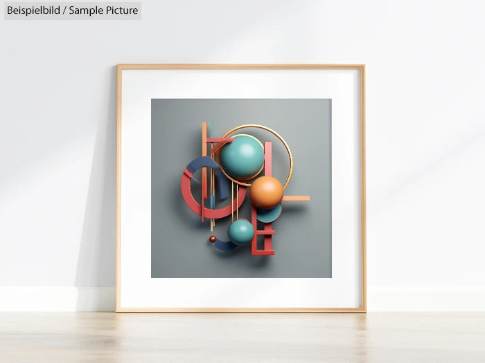 Framed artwork with colorful geometric shapes on a grey background, featuring spheres and circular forms.