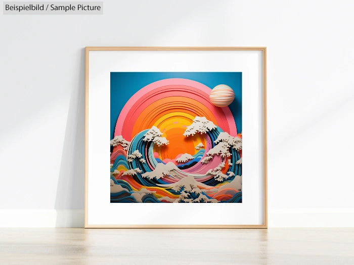 Framed abstract artwork featuring colorful layered waves and a setting sun on a white wall.