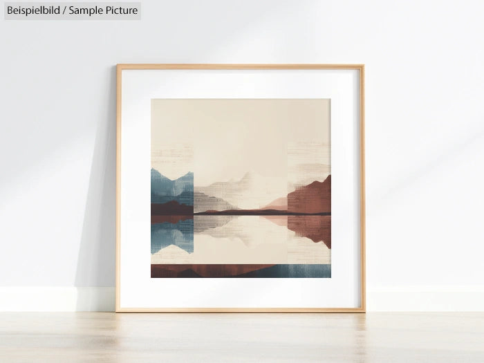 Framed abstract landscape art with mountains and lake reflection in muted red and blue tones on a light wall.