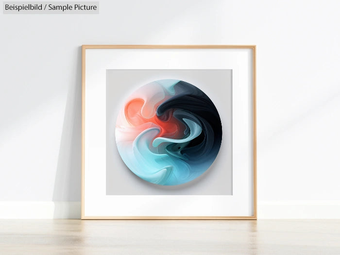 Framed abstract artwork with swirling patterns in red, blue, and black hues on a light background.