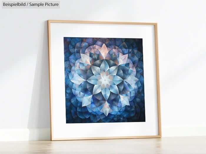 Framed geometric mandala art print with blue and pink tones, leaning against a white wall.