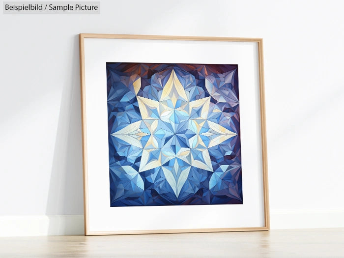 Geometric star art in blue tones framed on white wall.