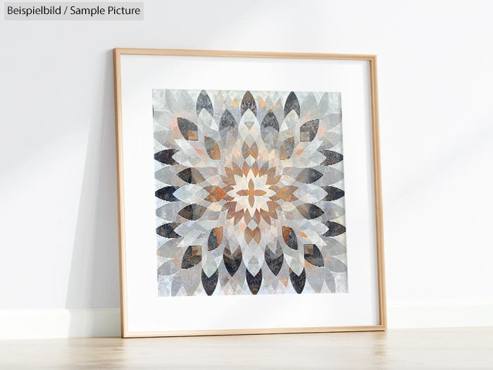 Framed geometric art print with symmetrical petal design in shades of gray, white, and brown, displayed on a light wall.