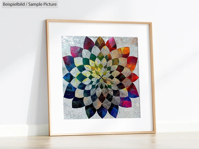 Framed mosaic art piece with multicolored geometric flower design against a white background.