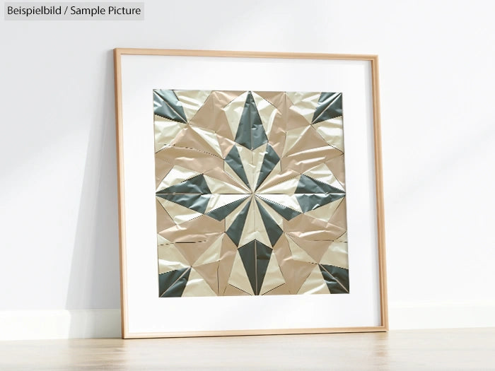 Framed geometric abstract art with metallic silver and gold tones.