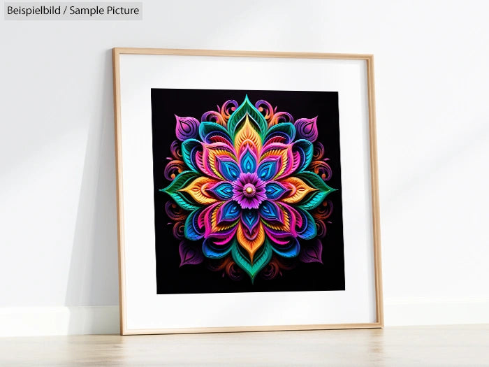 Framed vibrant mandala art with intricate patterns in purple, orange, and turquoise on a black background.