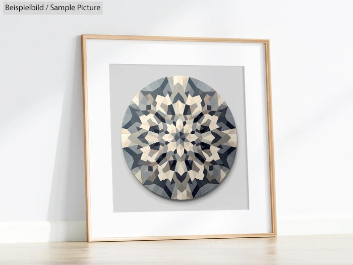 Framed geometric abstract artwork with blue, beige, and gray kaleidoscope pattern, leaning against a white wall.