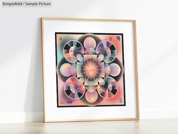 Framed mandala art with colorful geometric patterns on a white wall.