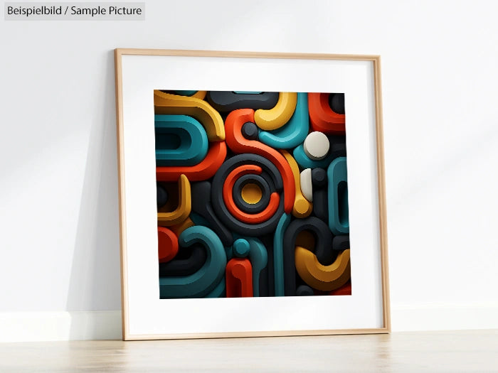 Framed abstract art with colorful geometric shapes, featuring red, blue, yellow, and white on a dark background.