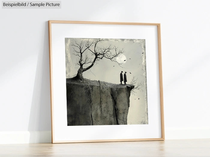 Framed art print of two figures on a cliff, with a withered tree and moon in the background.