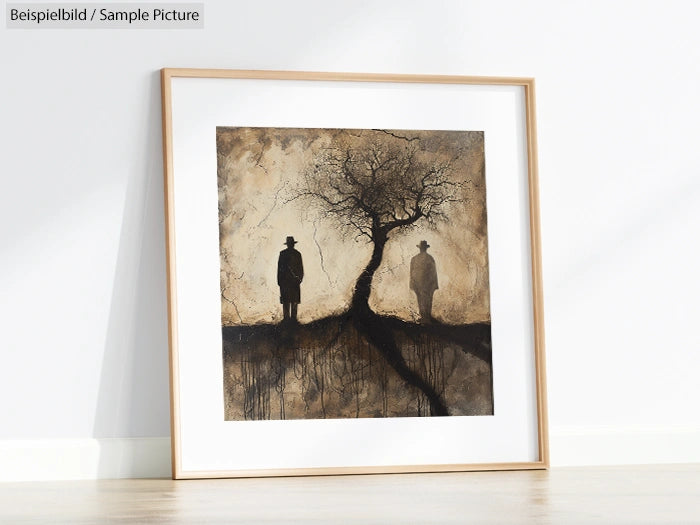 Framed artwork with silhouettes of two figures and a tree, casting shadows on a textured, earthy background.