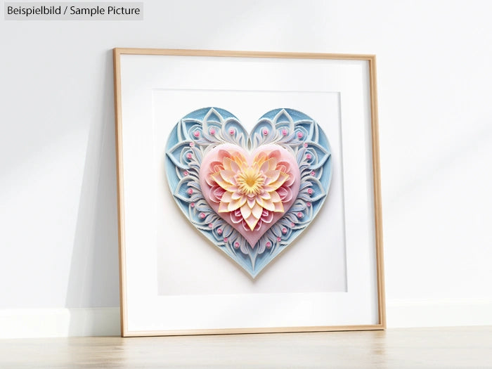 Framed papercut art of layered heart and flower design in pastel colors.