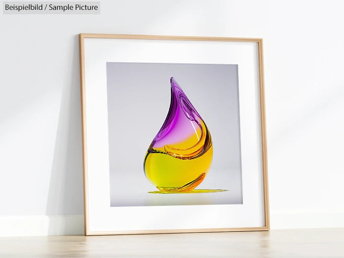 Framed photo of a colorful glass sculpture with purple and yellow hues, placed on a light-colored floor.