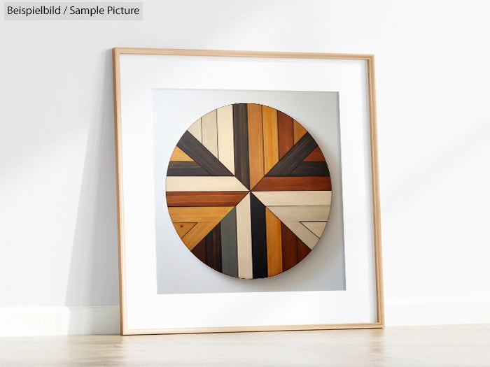 Modern circular wooden geometric art piece in a square frame, leaning against a white wall, with natural lighting.