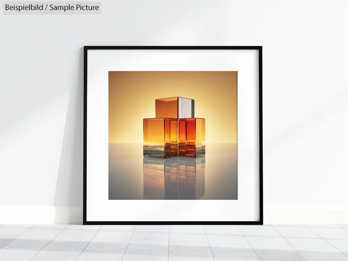 Framed abstract art with stacked amber and silver cubes against a reflective surface in a minimalist setting.