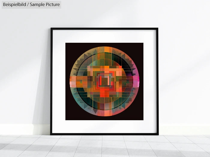 Framed abstract geometrical artwork with circular multicolored patterns on a dark background, set against a white wall.