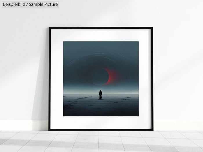 Framed artwork of solitary figure under red crescent in misty landscape.