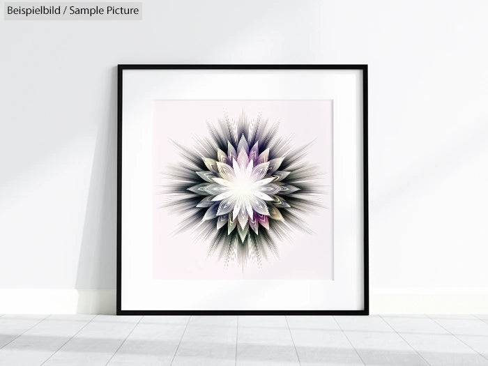 Framed abstract artwork with a radial floral pattern in white, black, and purple hues, displayed on a white wall.